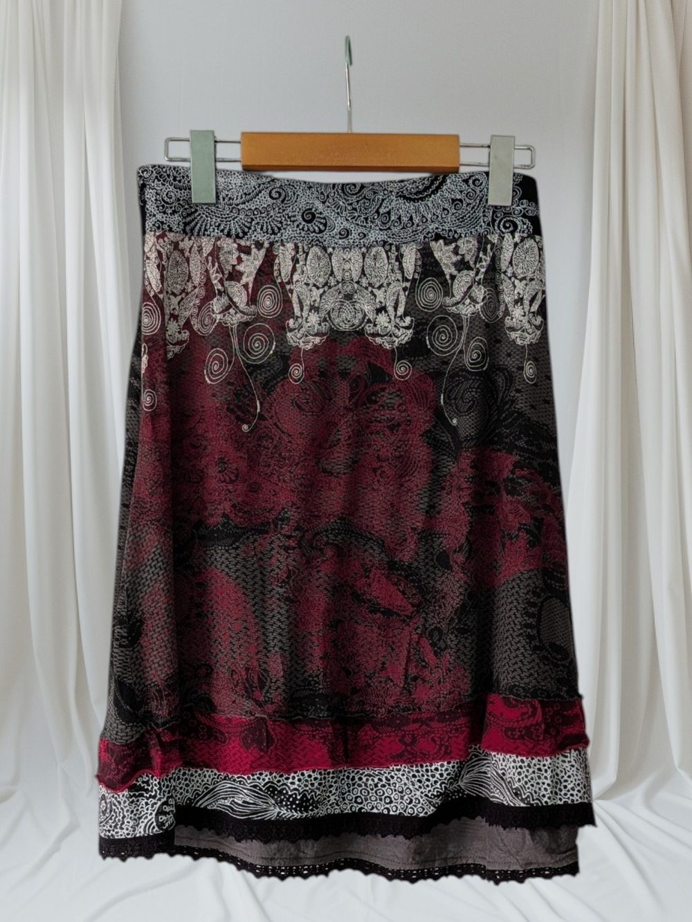 Desigual Burgundy and Black Patterned Midi Skirt